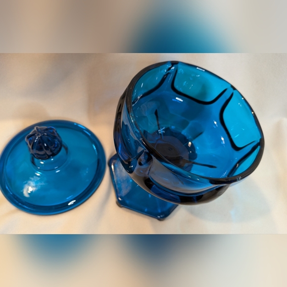 1960's Mid Century Modern Blue Glass Viking Covered Pedestal Dish 6"x 9" - Picture 5 of 16